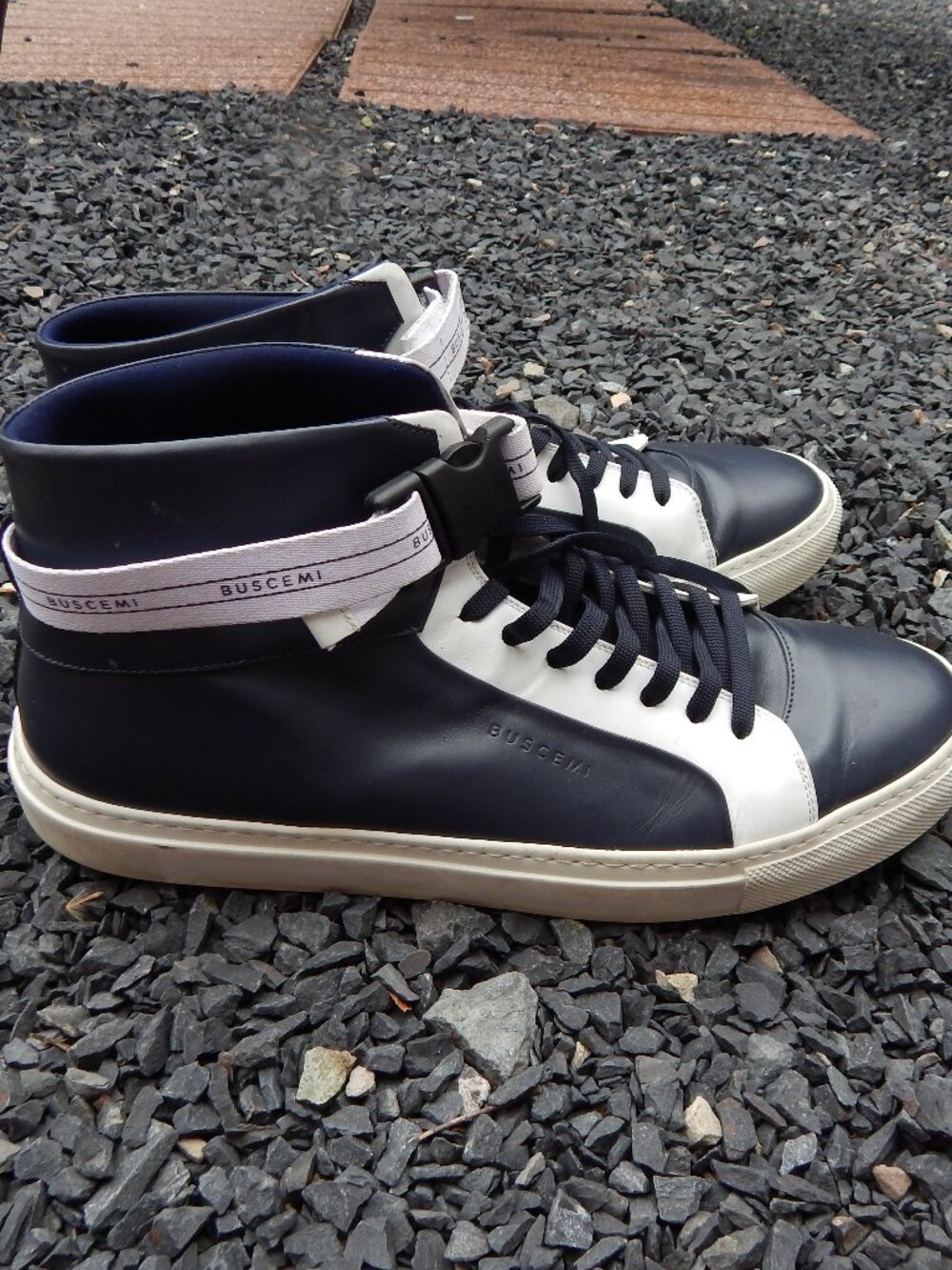 Buscemi Mens 100mm High Top Sneaker Shoes Navy Blue Leather US 10D / EU 43